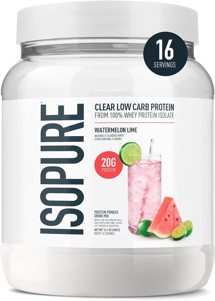 Isopure Clear Whey Isolate Protein Powder, Lactose Free, Gluten Free, Naturally Flavored, Watermelon Lime, 20g Protein Por Serving, 14.1 Oz, 16 Servings (Packaging May Vary)