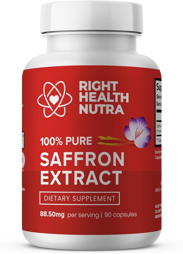 Salud Derecha Nutra Saffron Suplementos - 100% Puro Saffron Extract - Hecho en los EE.UU. - Apoyo Mood TENIDO Focus ANTERIOR Digestión ANTERIENTE Eye Health for Men and Women - 90 Capsules