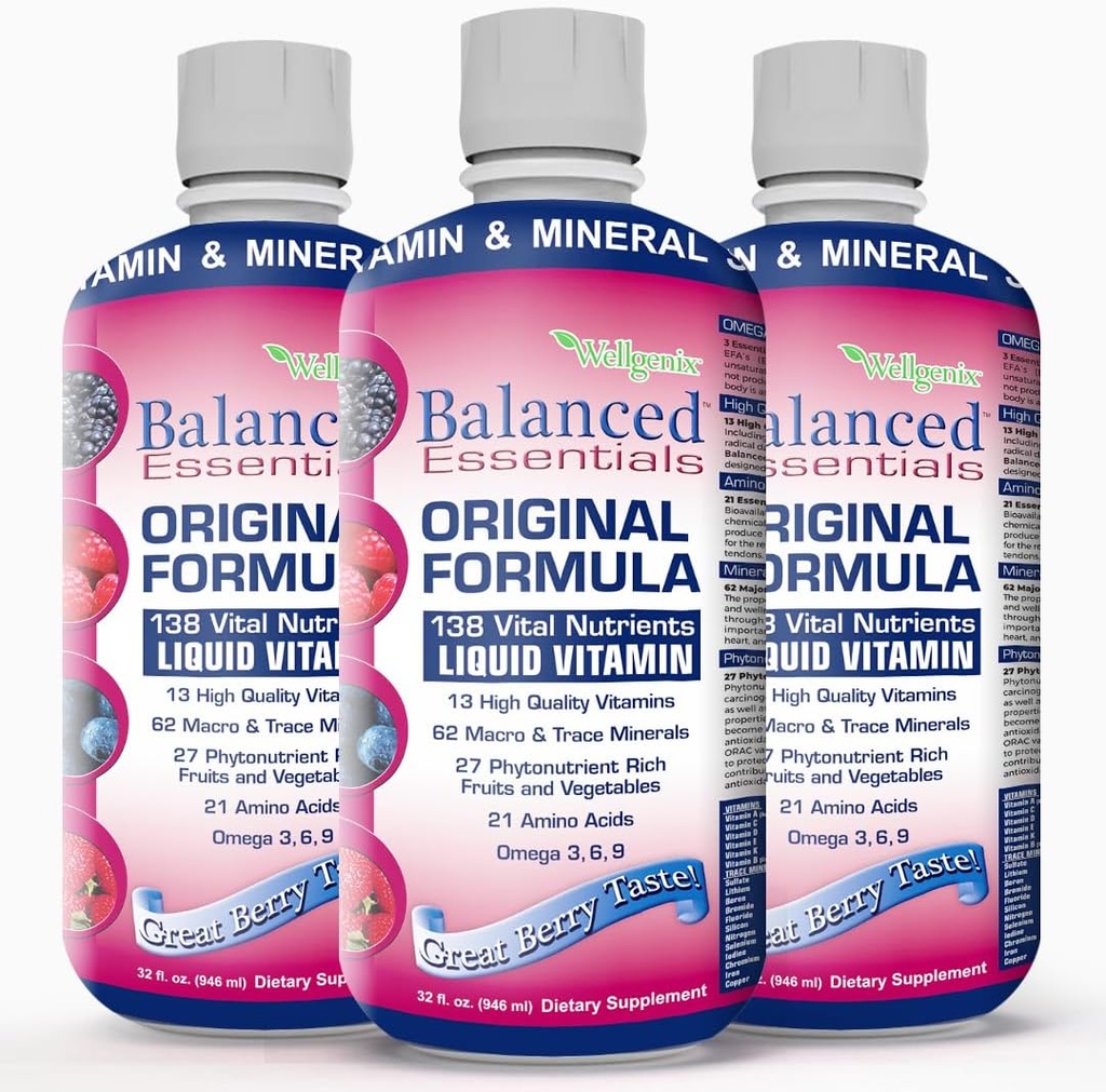 Wellgenix Balanced Essentials Plus New Formula - Vitamina Líquida - Suplemento Multivitamínico Completo - 1oz Daily - Immune Boosting &amp; Global Health - Adultos, Niños, Toddlers - Berry Flavor 32oz (3)