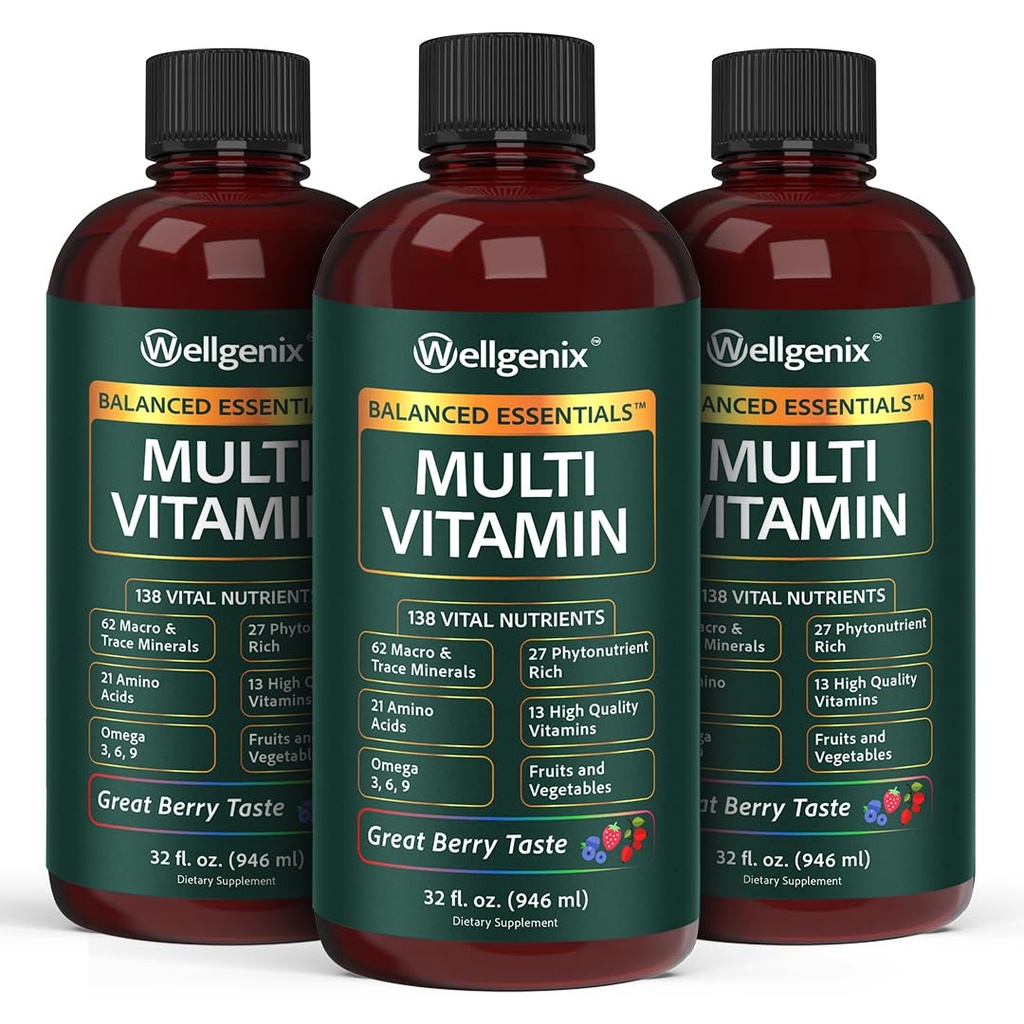 Wellgenix Balanced Essentials Plus New Formula - Vitamina Líquida - Suplemento Multivitamínico Completo - 1oz Daily - Immune Boosting &amp; Global Health - Adultos, Niños, Toddlers - Berry Flavor 32oz (3)