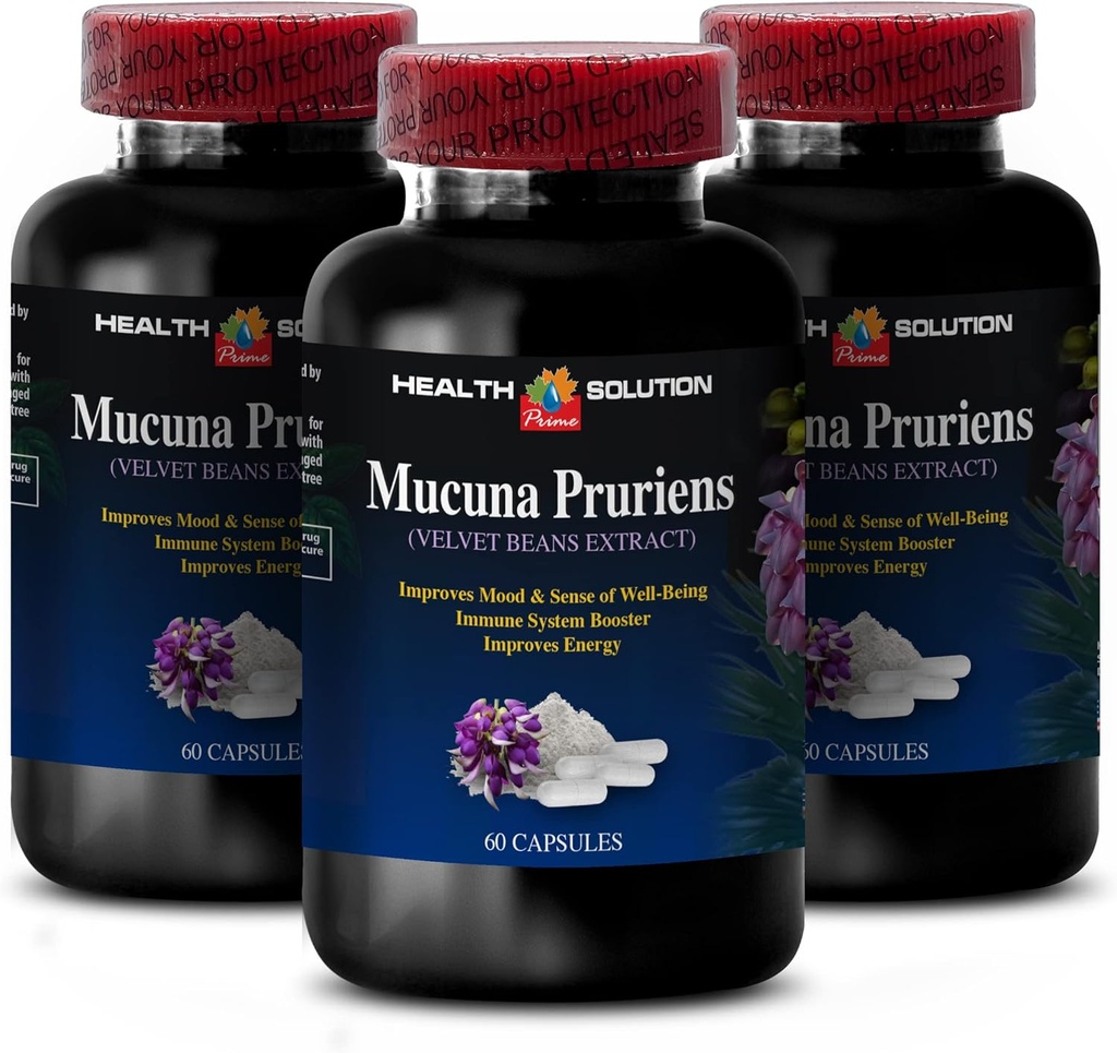 suplemento de energía y enfoque - MUCUNA PRURIENS VELVET BEAN EXTRACT 350 MG - potenciador de humor, extracto de grano de terciopelo, suplementos antioxidantes, suplemento de impulsor de cerebro para la memoria, 3 botellas 180 cápsulas