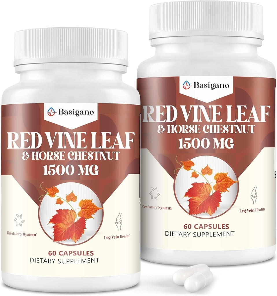 Red Vine Leaf &amp; Horse Chestnut Extract Capsule Supplements (Vitis Vinifera) 1500mg -Extracto de Premium para Veins saludables, Circulación, Corazón, Piel (2 Pack)