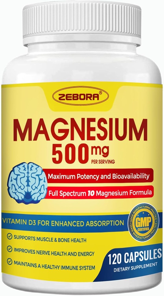 Suplemento Complejo de Magnesio, 500 mg de Glycinate de Magnesio con Citrato & Malato, Forma enganchada para alta absorción con zinc &amp; vitamina D3 para Nerve, Muscle &amp; Bone Support, 115 cápsulas