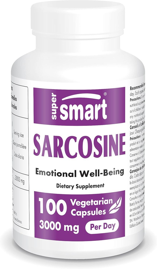 Supersmart Sarcosine 3000mg por día (N-Methylglycine) - Suplemento Nootropics - Cerebro Nutrición ← No-GMO &amp; Gluten Gratis - 100 cápsulas vegetarianas