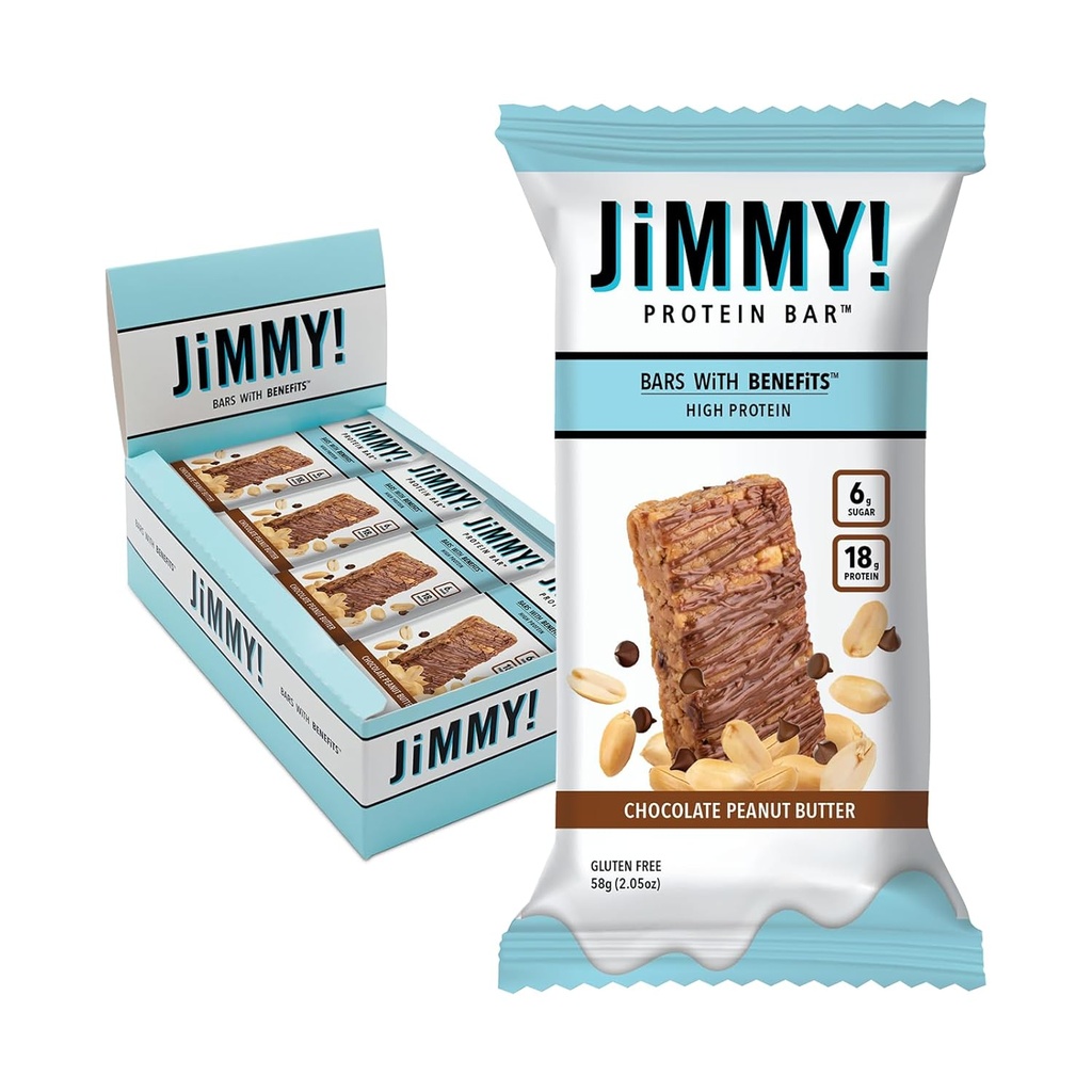 JiMMYBAR! Chocolate Peanut Butter Protein Bares 18g Protein Bar, 6g Bajo Azúcar - 12 Conde - 58g Bares de Salud - Snack Funcional con Peanuts Reales &amp; Chocolate Mano Deslumbrado