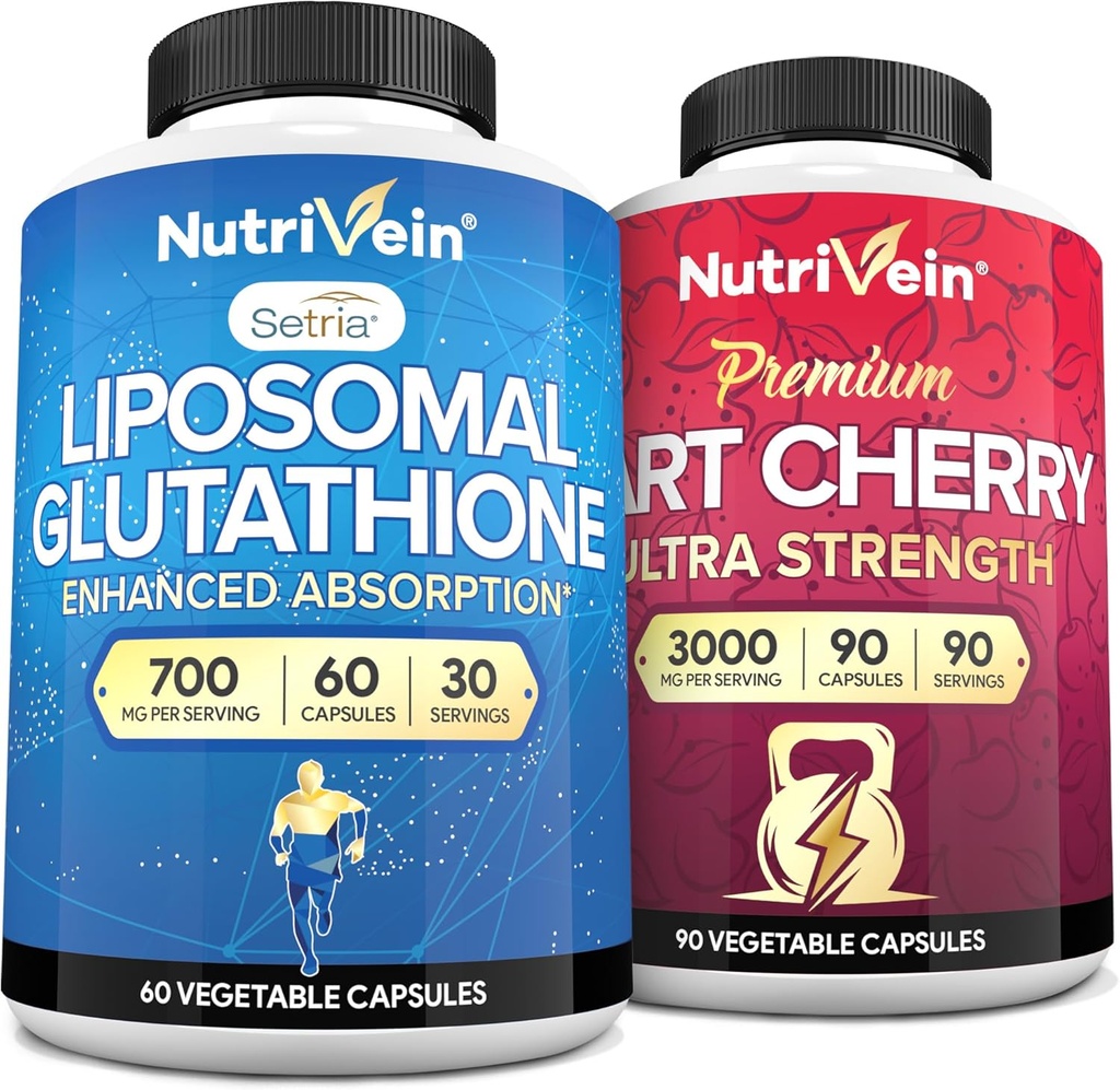 Nutrivein Premium Liposomal Glutathione Suplemento " Tart Cherry Capsules Bundle: High-Absorption Glutathione Liposomal Supplement " Tart Cherry Extract Capsules for Detox, Recovery, " Defenses