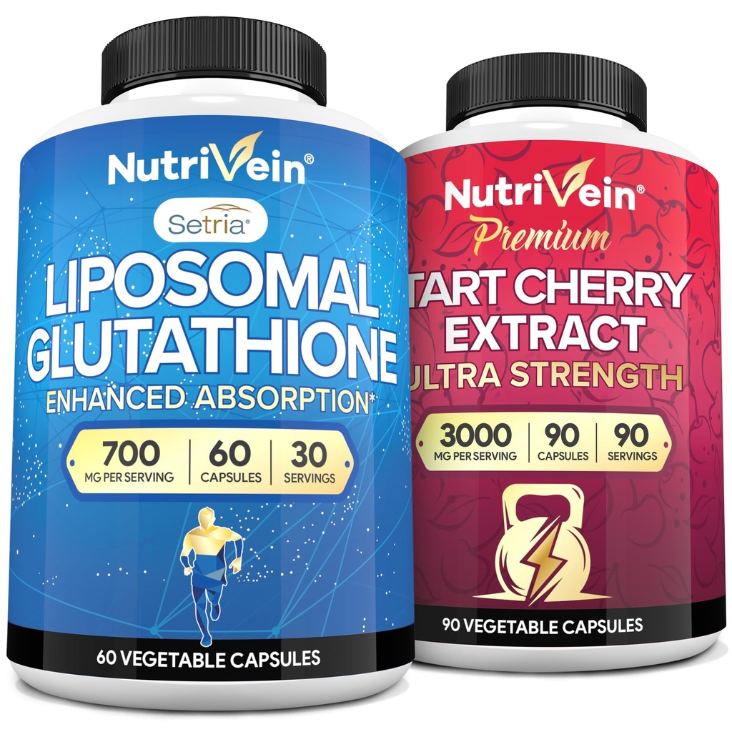 Nutrivein Premium Liposomal Glutathione Suplemento " Tart Cherry Capsules Bundle: High-Absorption Glutathione Liposomal Supplement " Tart Cherry Extract Capsules for Detox, Recovery, " Defenses