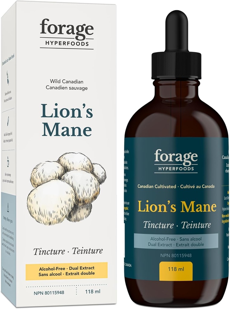 Forage Hyperfoods- Alcohol-Free Canadian Grown Lion's Mane Mushroom Superfood Liquid Supplement Extract Tincture, Vegan, Non-GMO, Natural Brain Aid- Memory Improvement and Nerve Support 118ML