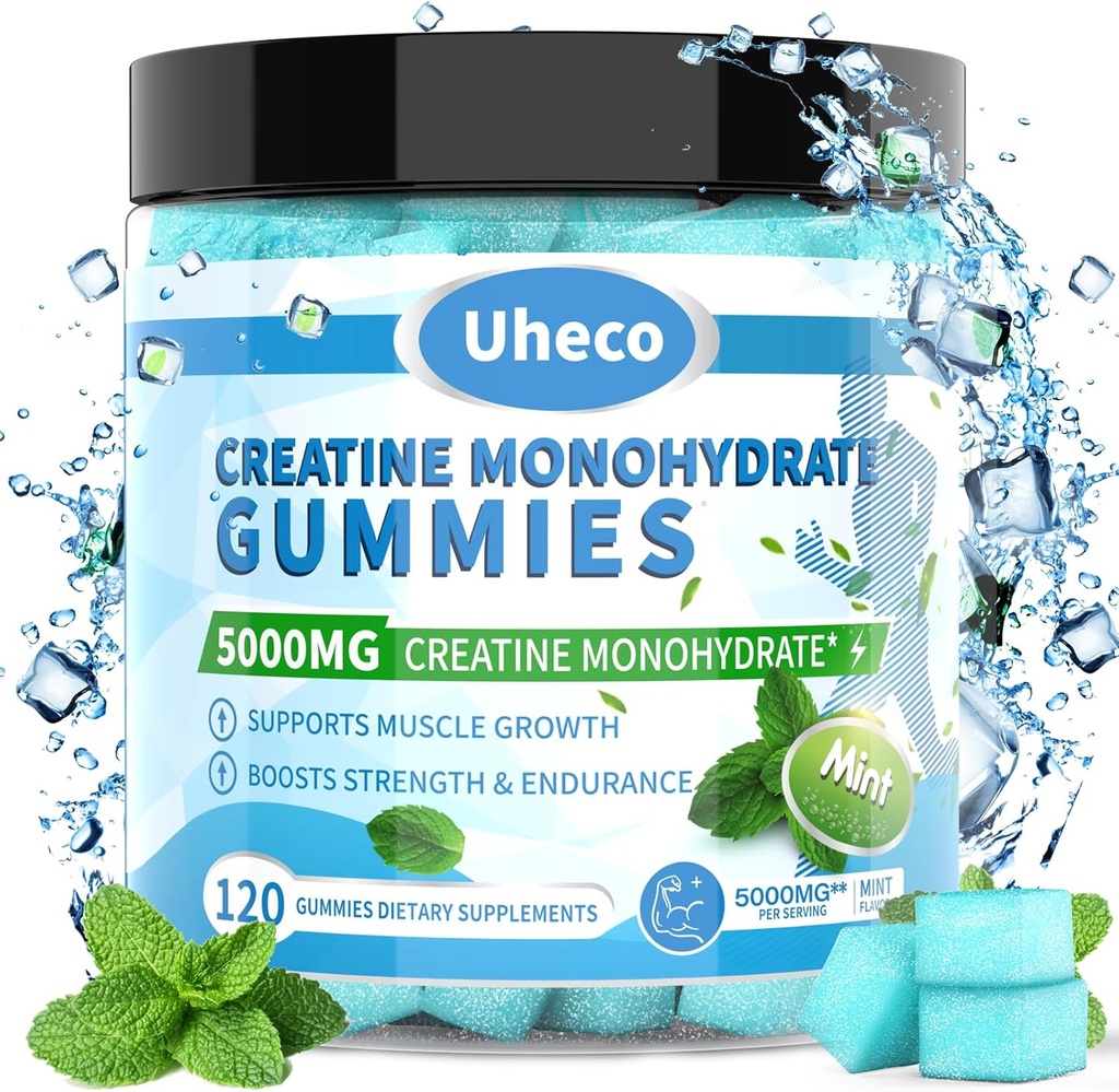 Mint Flavor Creatine Monohydrate Gummies 5000mg para Hombres &amp; Mujeres,Contiene L-Taurina + Vitamina B12, Betaine, L-Citrulline para la fuerza muscular, Mejorar la resistencia del ejercicio -115 Conteo