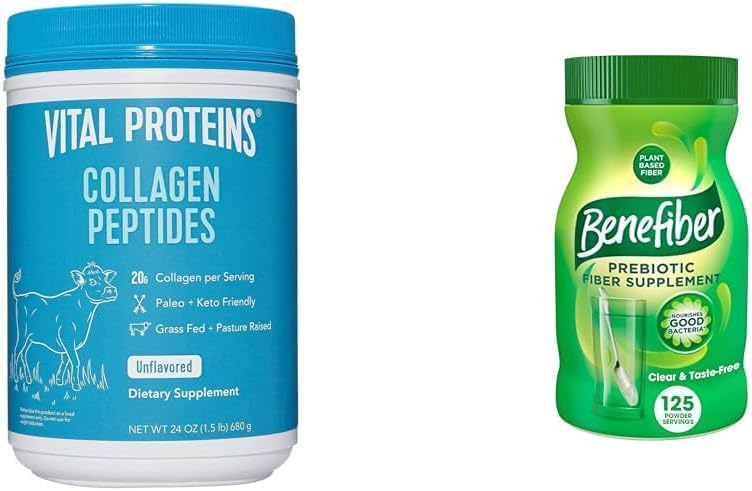 Proteínas vitales Péptidos de colágeno desarmados (24 Oz) &amp; Benefiber Prebiótico Suplemento de fibra desarmado (17.6 Oz)