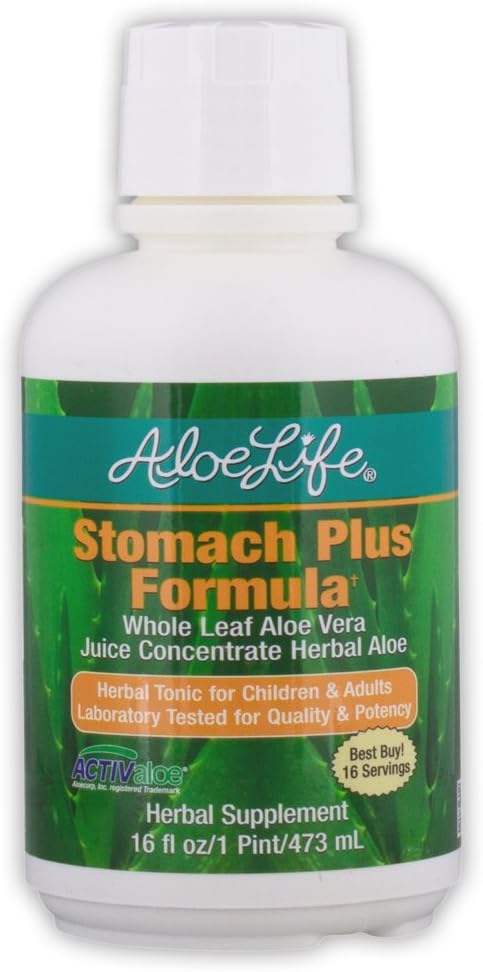 Aloe Life - Stomach Plus Formula, Fast-Acting Tonic for Children, Adults, & Seniors, Supports Healthy Digestion & Helps to Soothe Gas, Bloating, & Nausea, Aloe Vera Concentrate, Gluten-Free (16 oz)