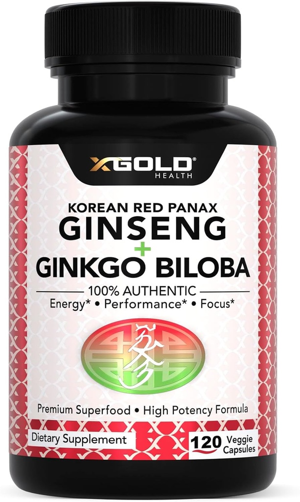 Authentic Korean Red Panax Ginseng 1200mg + Ginkgo Biloba 160mg – High Ginsenosides Extra Strength – Energía, Memoria, Focus &amp; Brain Health – Vegan Capsules for Men &amp; Women – 120 Conde