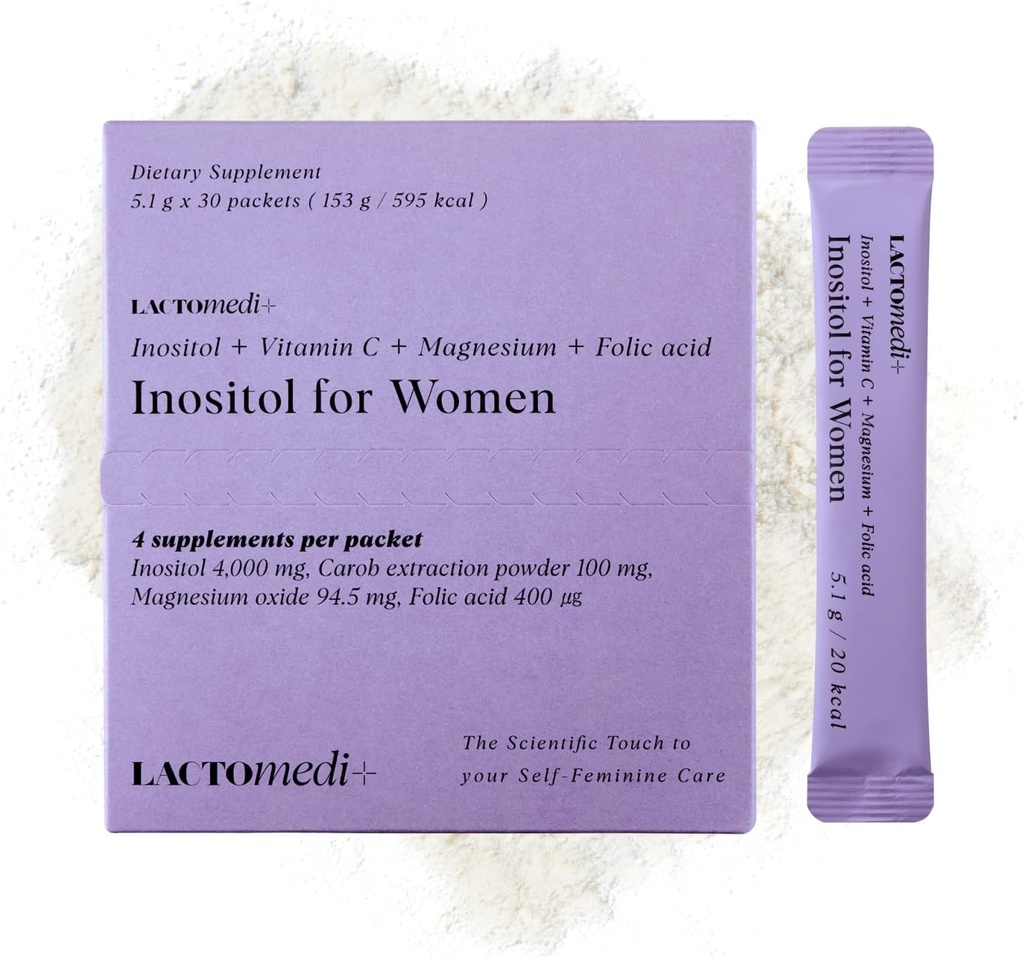 LACTOMEDI Inositol Suplemento para Mujeres Silencio Myo-Inositol 4000mg + D-Chiro-Inositol 100mg Silencio Balanced 40:1 Ratio ← Ciclo Menstrual &amp; Wellness Support ← 30 Day Supply