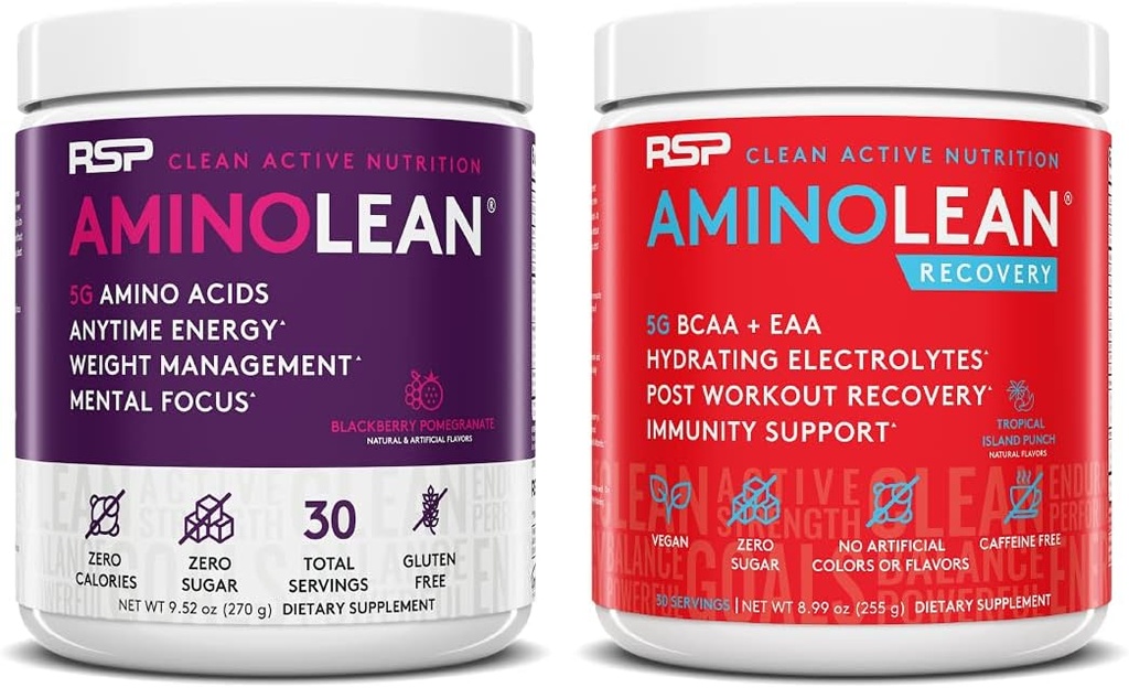 RSP NUTRITION AminoLean Pre Workout Energy (BlackBerry Pomegranate 30 Servings) con AminoLean Recovery Post Workout Boost (Tropical Island Punch 30 Servimientos)