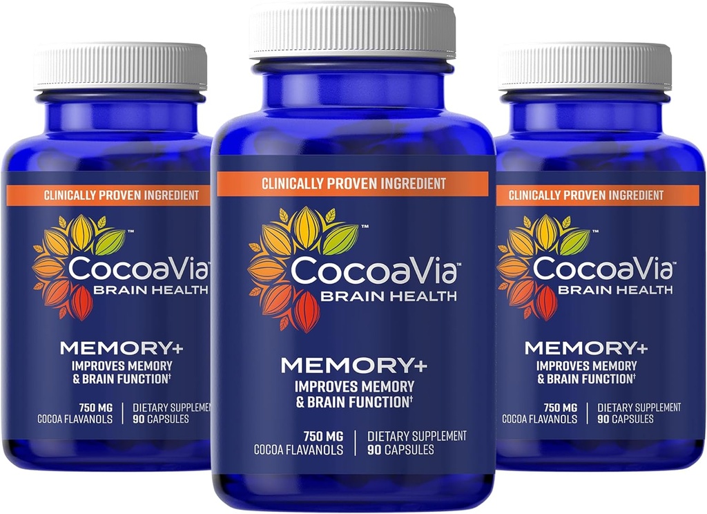 CocoaVia Memory+ Brain Supplement, 90 Day, 750 mg Cocoa Flavanols, Memory & Brain Booster, Vegan, Plant Based, Gluten Free, 270 cápsulas