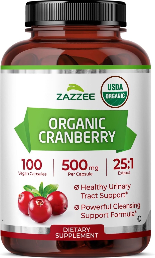 Zazzee USDA Organic Cranberry 25:1 Extracto, 500 mg por Cápsula, 100 Cápsulas Vegan, Más de 3 Mes de Suministro, Estándarizado, Concentrado 25X Extracto, 100% Vegetariano, Certificado Orgánico, No GMO Todo-Natural