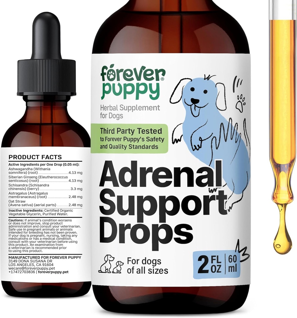Forever Puppy Adrenal Support Drops for Dogs - Pure Ashwagandha & Ginseng Root Tincture for Adrenal Health & Energy Support - Calming Care Liquid Supplement for Dogs of All Breeds & Size - 2 oz