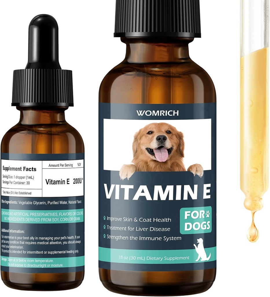 Vitamina E para perros - Vitaminas para perros E - Vitamina E gotero para perros, Mejorar la salud de la piel y la carne, Tratamiento para la enfermedad del hígado, Fortalecer el sistema inmunológico - Fórmula natural para todas las edades, y razas - 30 ML