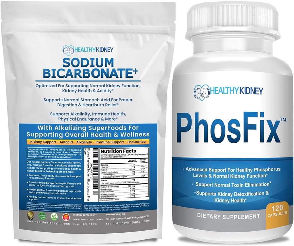 Bicarbonato de sodio orgánico Alkaline Suplemento Bundle 2LB Powder para la alcalinidad, el riñón " Acid Support + PhosFix 120 Pills Phosphorus Binder for Healthy Phosphorus Levels " Kidney Health Renal Support
