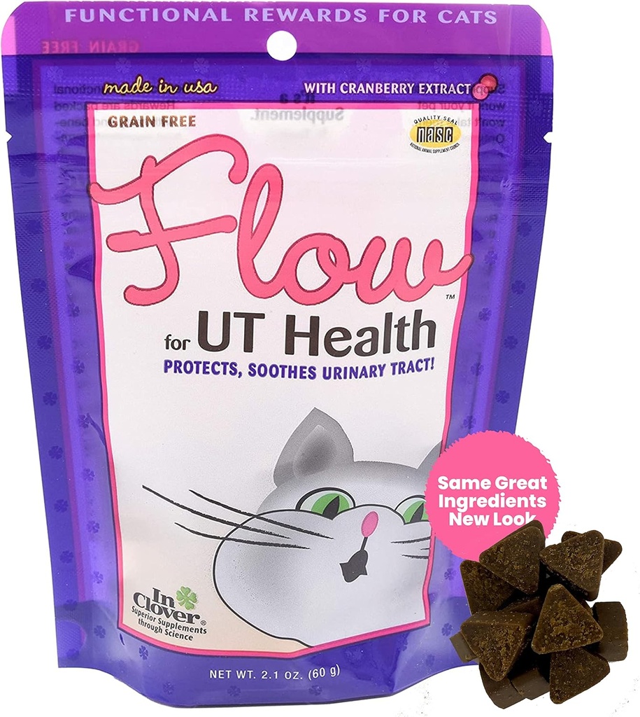 En Clover Flow Soft Chews para gatos. Soporte diario para UT Health. Formulado científicamente con ingredientes naturales para mantener la flota del tracto urinario naturalmente