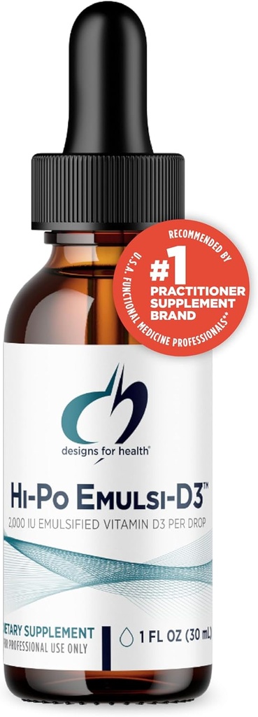 Diseños para Salud Hi-Po Emulsi Vitamina D Drops - Vitamina Líquida D 2000 UI, Vitamina altamente concentrada D3 - Hueso Salud + Complemento de Apoyo Inmune - 2000 UI Por gota (1000 Servimientos / 1 onza)