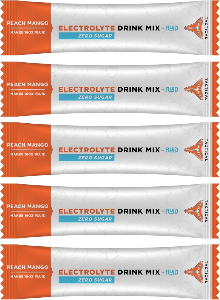 Fluid Tactical - Zero Sugar, Keto Electrolyte Powder, Hydration Packets, Made in USA (Peach Mango, 25 Cuenta)