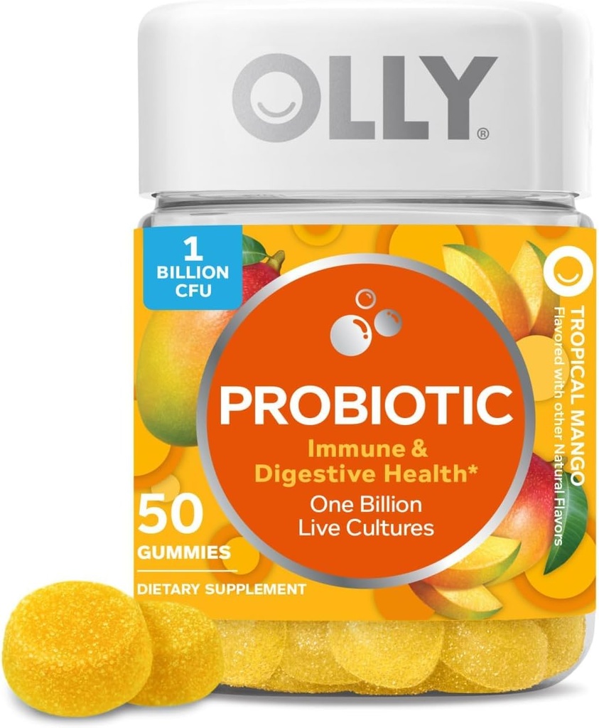 OLLY Probiotic Gummy, Immune and Digestive Support, 1 Billion CFUs, Chewable Probiotic Supplement, Mango, 25 Day Supply - 50 Count