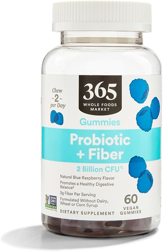 365 por Whole Foods Market, Probiotic + Fiber Gummies 2 Billion CFU, Natural Blue Raspberry Flavor, 60 ct