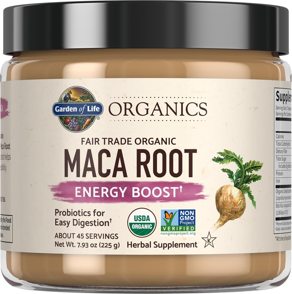 Garden of Life Organics Fair Trade Gelatinized Peruana Maca Root Energy Boost 7.93 oz (225g) Polvo con Probióticos, Certificado Orgánico, No GMO, Vegan & Gluten Suplementos Herbales Libres