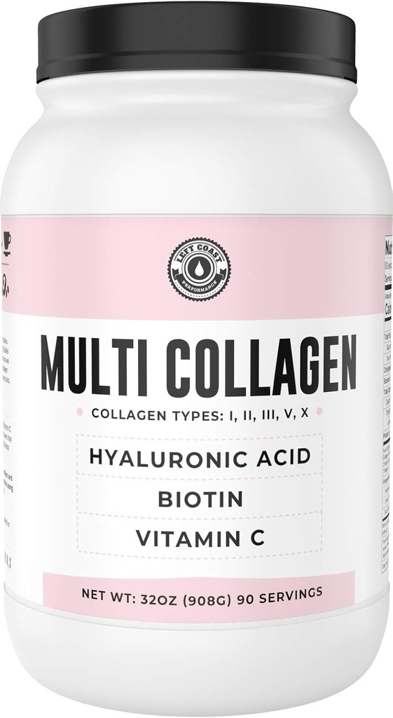 Multi Collagen Powder con Biotina, Ácido Hialurónico, Vitamina C (2lb Valor Talla) Silencio Hidrolyzed Collagen Suplemento (Tipos I, II, III, V, X). Pelo, Esquí, uñas para mujeres, hombres