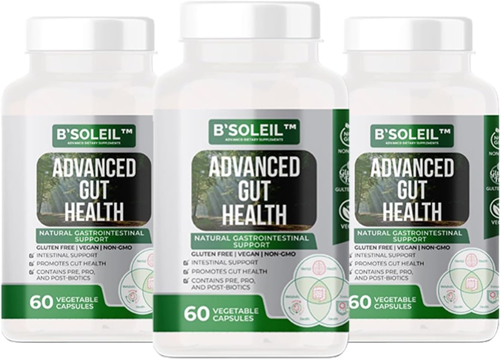 B’SoleilTM Pack of 3 Advanced Gut Health Probiotics - Pre, Pro ' Post Biotics - Natural Gastrointestinal Support - Gluten Free, Vegan " Non-GMO - 25 Billion CFU - 60 cápsulas en cada paquete
