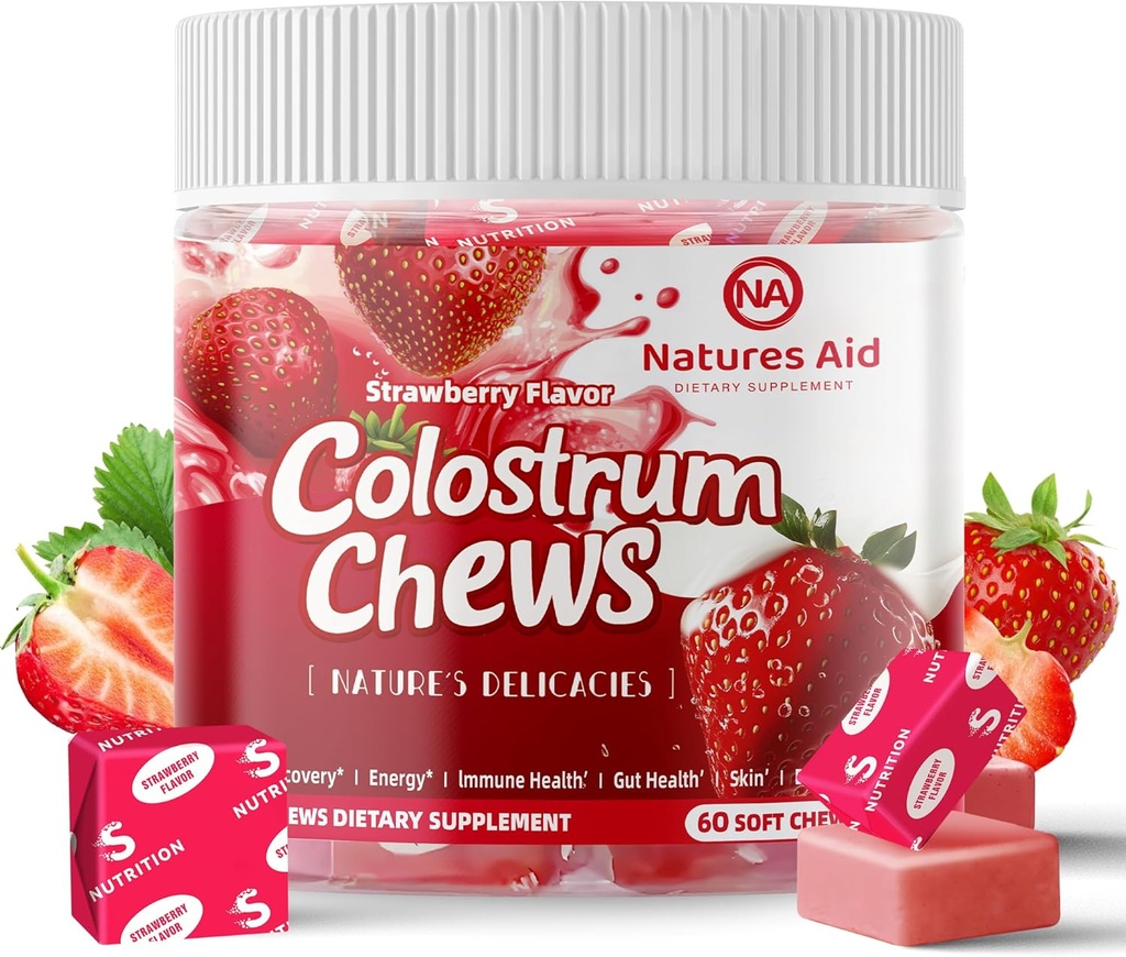 Colostrum Chews Suplemento con probióticos para Gut Health, Bloating, Immune Support, Skin, Hair Growth and Beauty - Strawberry Flavor (60 Servings)