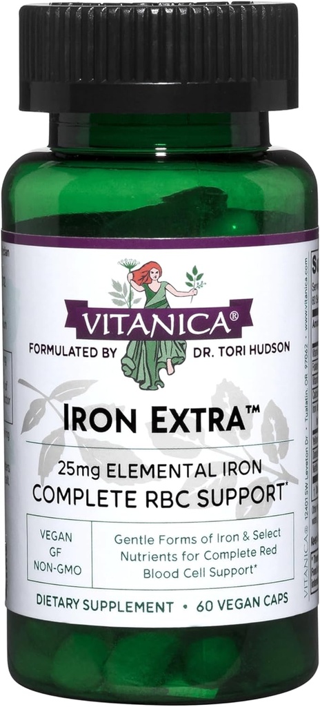 Vitanica Iron Extra, Suplemento Hierro Ausorción Mejorada con Vitamina C 500mg, Methylfolate 400mcg, B12 Vitamin 500mcg, Calcio, Dock Amarillo, Dandelion Root & Nettle Leaf Extract, Vegan, 60 cápsulas