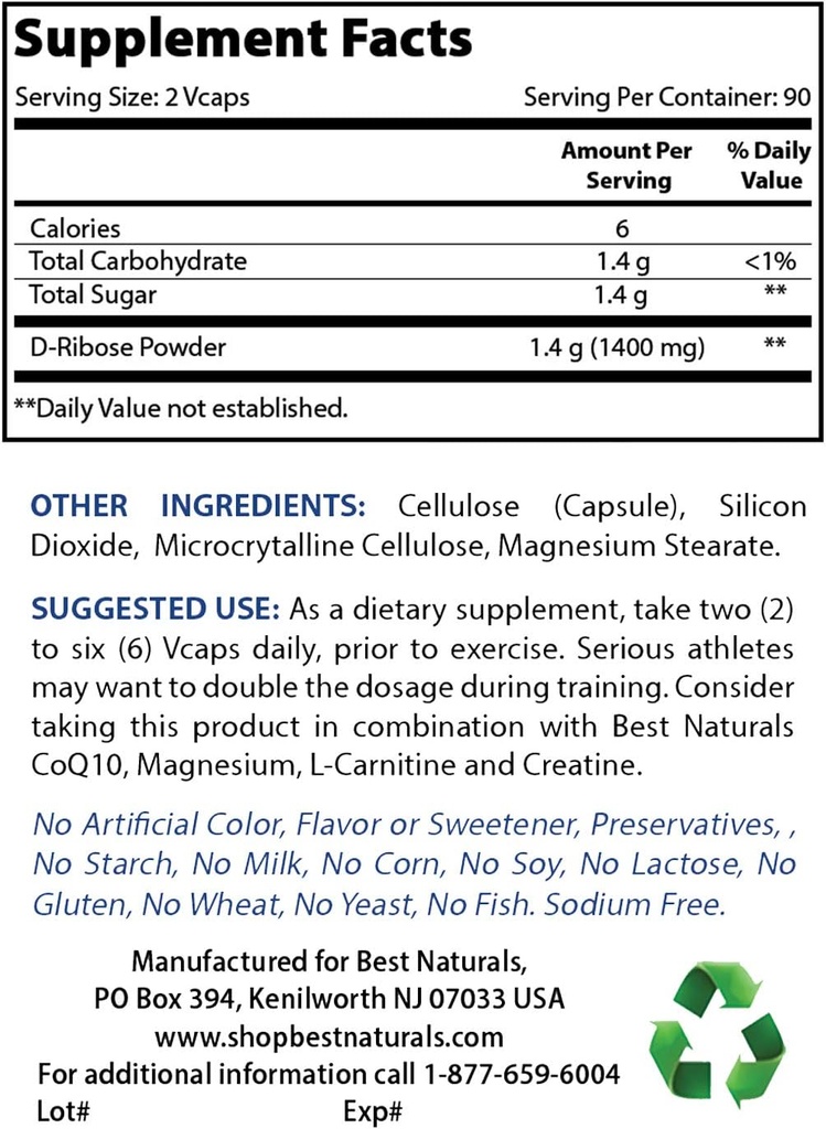 Mejores Naturales D-Ribose Powder 1 Libra &amp; Acetyl L-Carnitine 1000mg