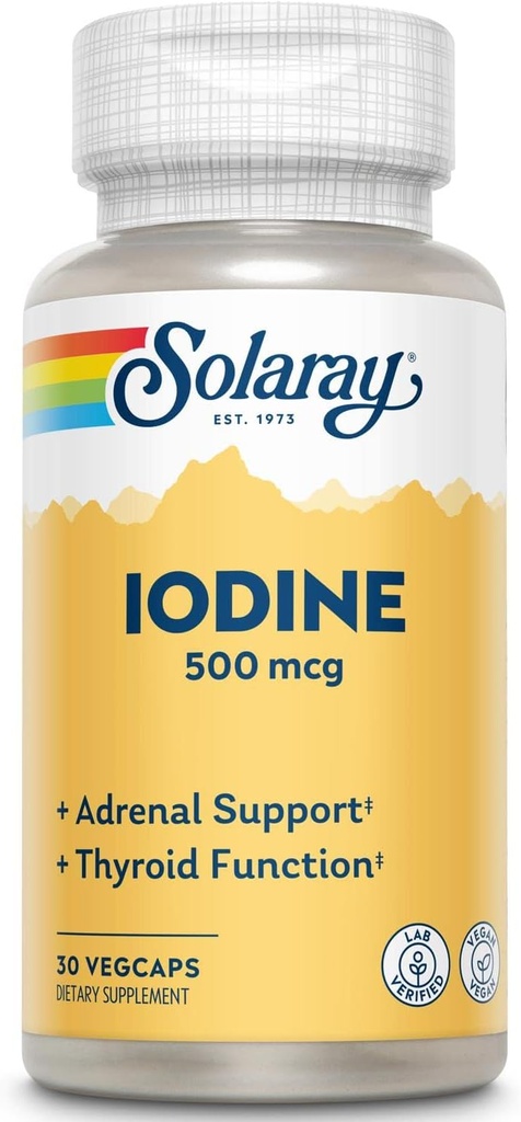 Solaray Iodine 500 mcg tención mayo Ayuda Asistencia Función tiroidea saludable, metabolismo, foco y energía ← Non-GMO, Vegan  30 VegCaps ← Pack of 2