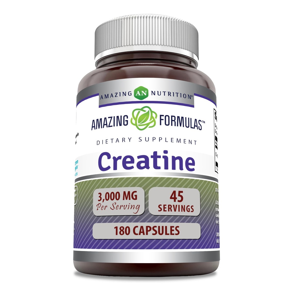 Amazing Formulas Creatine Monohydrate Amino Acid Supplement TEN 3000 Mg per Serving TEN 180 Capsules ← No-GMO TEN Gluten-Free TEN Made in USA