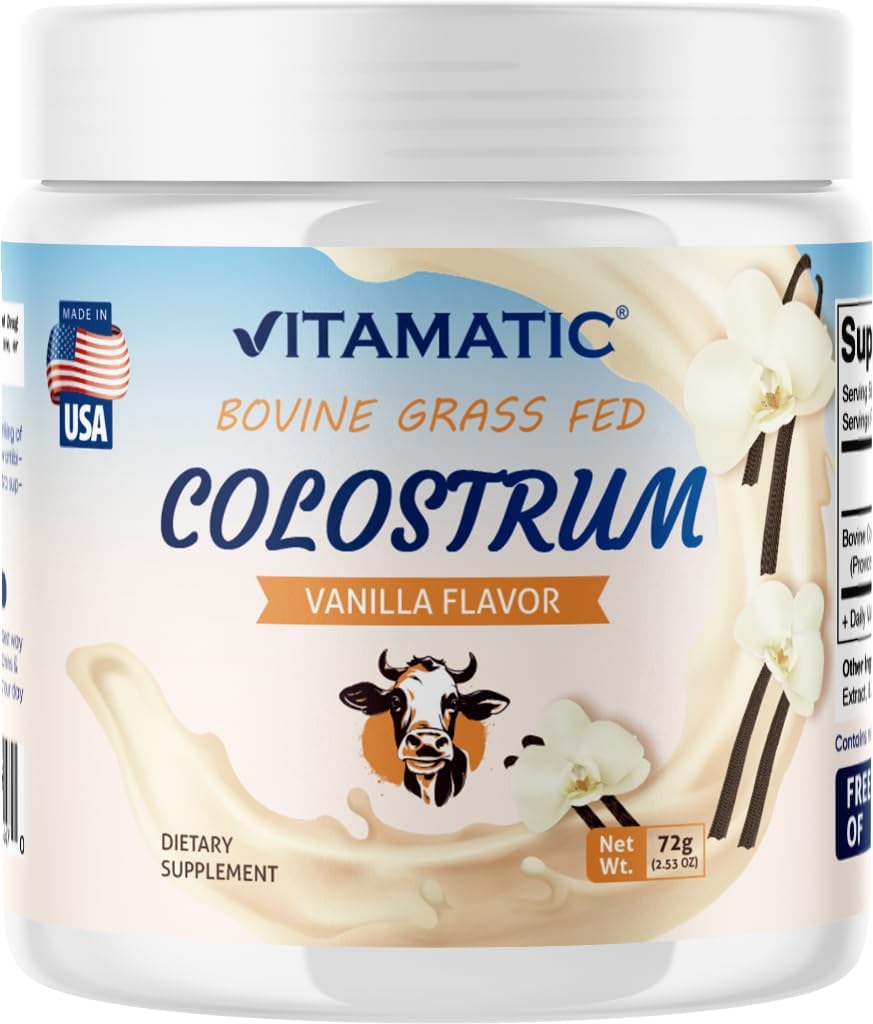 Vitamatic Bovine Colostrum 30% IgG Powder - Suplemento para Gut Health, Hair Growth, Beauty, Muscle Recovery, &amp; Immune Support - Easy to Mix - 72 Gram (30 Servings, Vanilla Flavor)