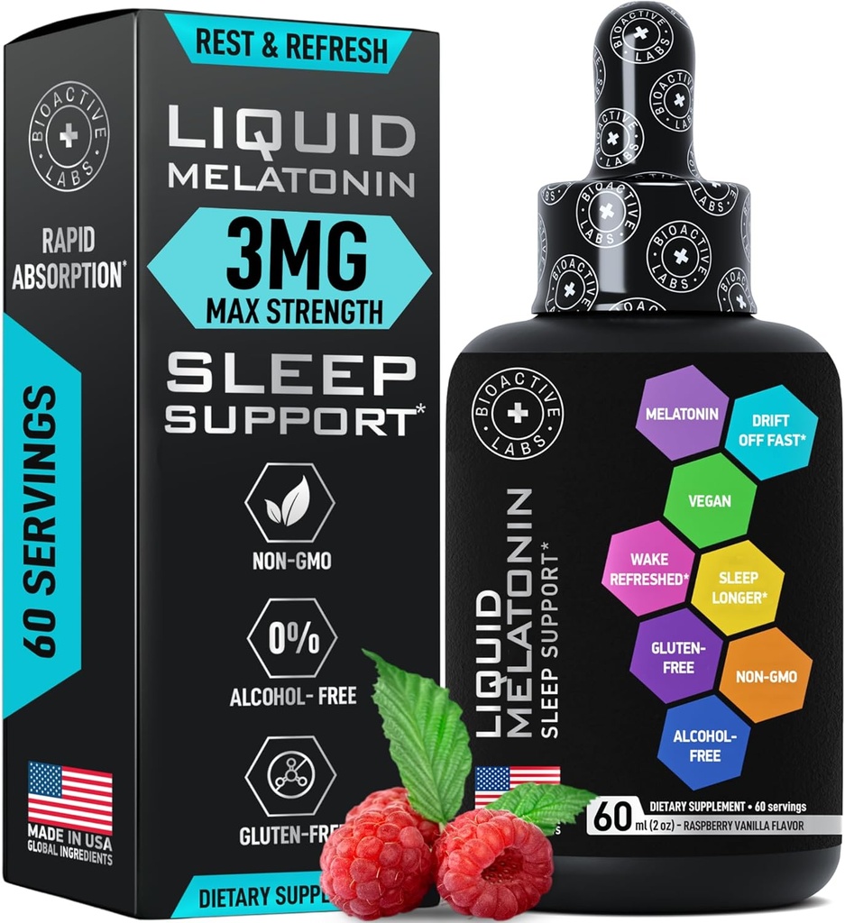 Melatonina líquida para adultos y niños - 3mg Melatonina líquida sublingual de fuerza adicional para niños y adultos - gotas líquidas rápidas de sueño - Natural Raspberry Flavor Ayuda al sueño - 60ml