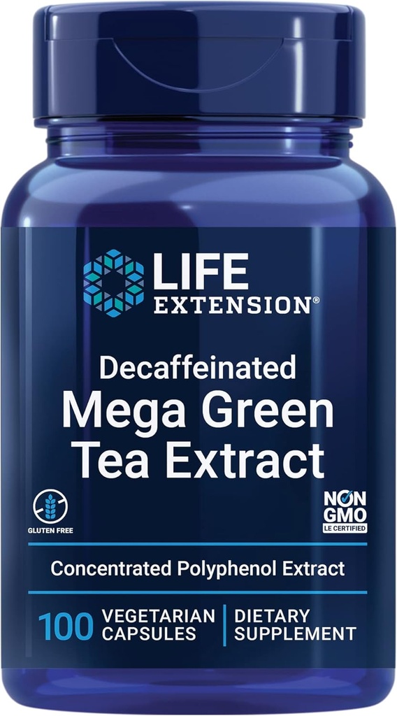 Extracto de Té Mega Verde Decaffeinado – Polyphenol-Rich, salud celular, salud cardíaca, salud cerebral, protección antioxidante – no Gluten-Free, vegetariano – 100 cápsulas