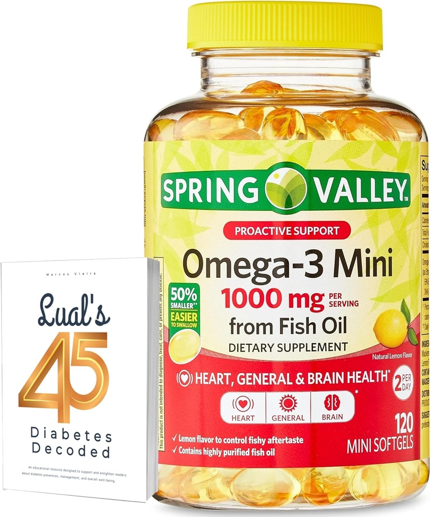 Spring Valley Omega-3 Mini de Fish Oil 1000 mg, 120 Conde, Suplemento dietético, Omega 3 Mini Softgels Bundle con 45 Diabetes de Luall Decodificado