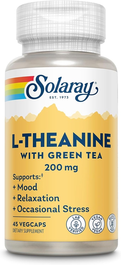 SOLARAY L-Theanine 200mg con té verde - Modo saludable, relajación y estrés ocasional Apoyo - Lab Verificado, Vegan, Gluten Gratis - 45 Servimientos, 45 VegCaps