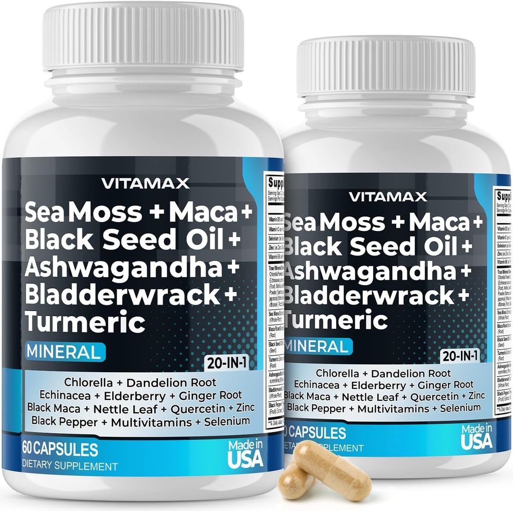 Sea Moss, Maca, Black Seed Oil, Ashwagandha, Bladderwrack, Turmeric - Elderberry, Vitaminas C &amp; D3, Dandelion " Black Pepper - Made in USA- 120ct