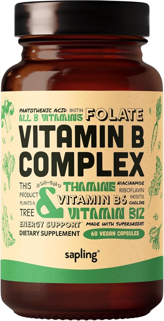 sapling Vegan Vitamin B Complex - Full Food Blend with Essential B Vitamins B1, B2, B3, B5, B6, B7, Folate, B12-60 Caps
