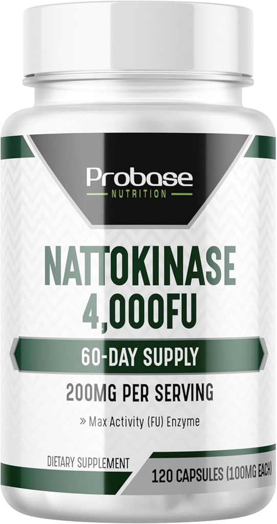 Probase Nutrition Nattokinase Suplemento 4,000 FU Servings, 120 Capsules (Derivado de Natto japonés) Enzimas sistémicos para soporte cardiovascular y circulatorio