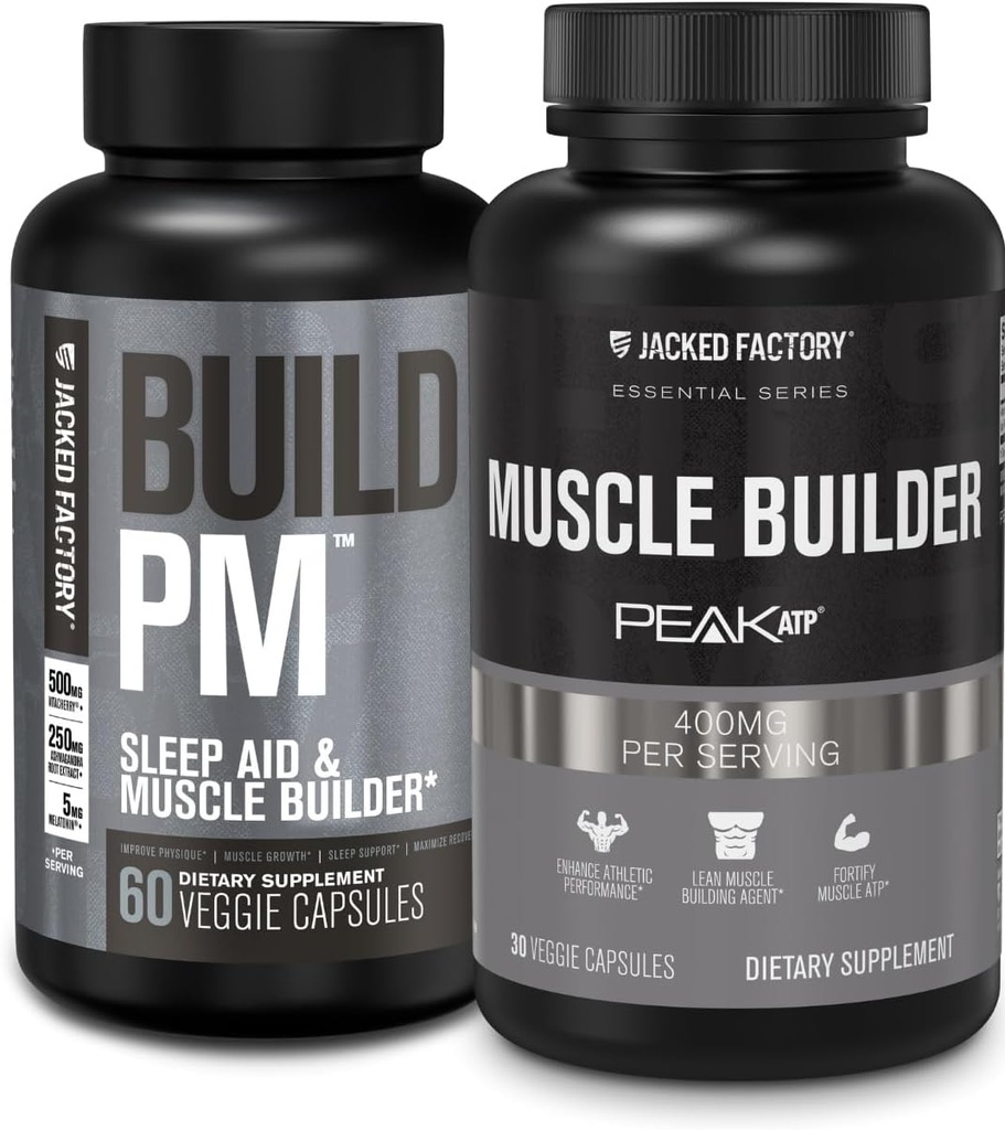 Jacked Factory Build PM Night Time Muscle Builder &amp; Sleep Aid (60 Capsules) & Essentials Muscle Builder - Daily Strength Builder for Men with Peak ATP (30 Capsules)