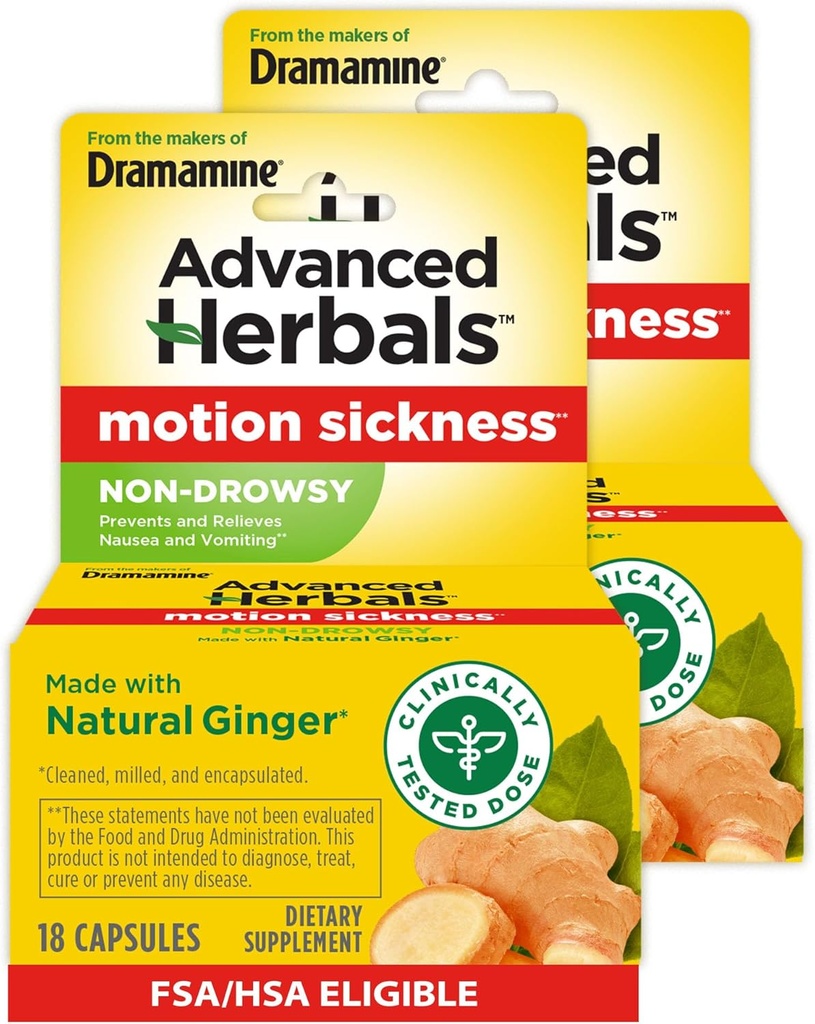 De los creadores de Dramamina, Herbals avanzados, No-Drowsy, Motion Sickness Relief, Made with Natural Ginger, 18 Conde, 2 Pack
