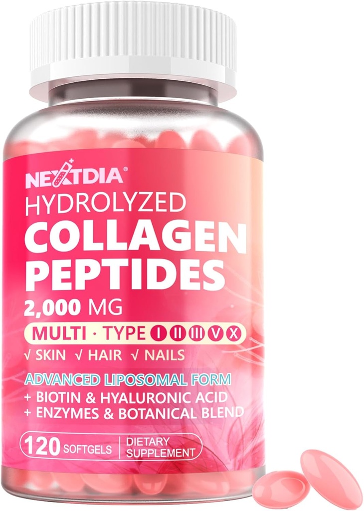 Píptidos de colágeno hidrolizado para mujeres 2000mg Forma Liposómica Tipo I, II, III, V, X para absorción óptima, Softgels multi colágeno, Suplementos de colágeno con cabello, piel y uñas Vitaminas 120 Cts