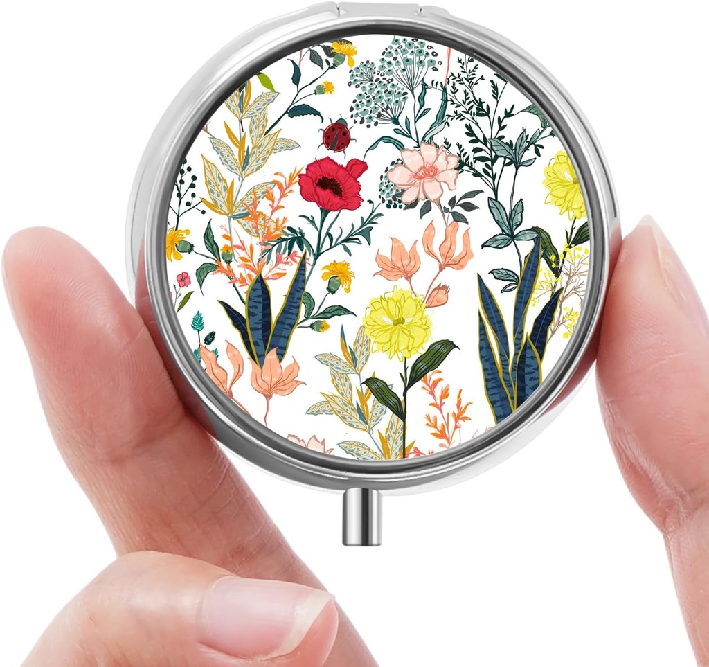 Mini Pill Box, Small Pill Box, Portable Pill Box, Cute Pill Organizer for Vitamins, Medications, Fish Oil and Supplements (White Flowers)