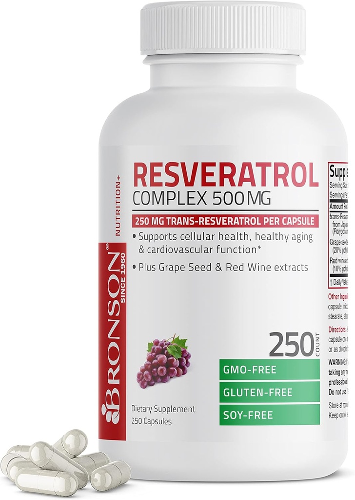 Resveratrol Bronson 500 Complejo Standardizado Trans-Resveratrol + Grape Seed & Red Wine Extract, 250 cápsulas