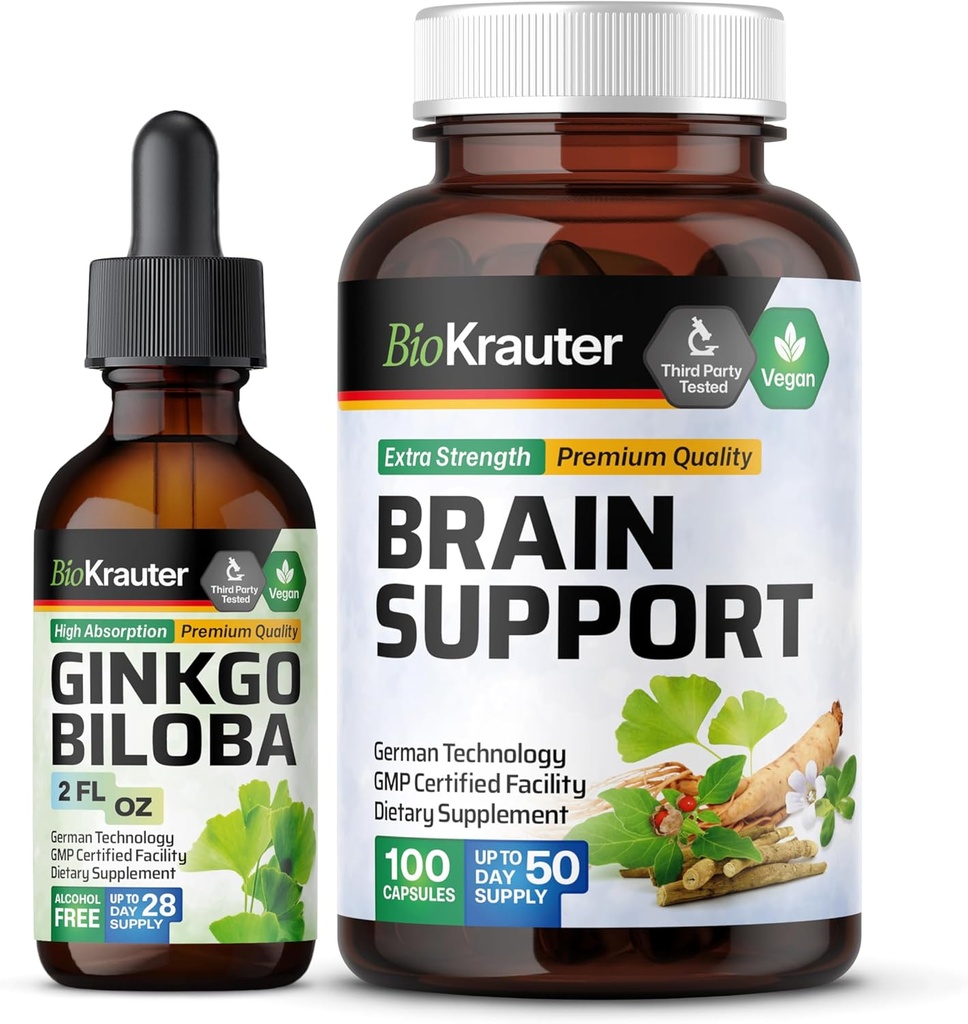 BIO KRAUTER Ginkgo Biloba Tincture 2 Fl. Oz. " Brain Support 100 Capsules